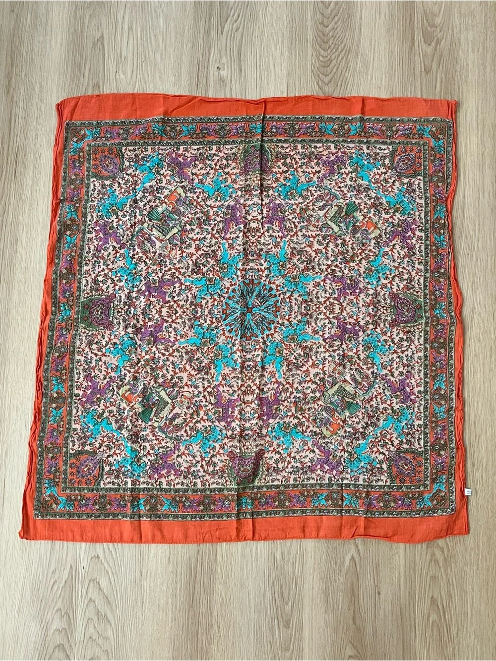 Floral Paisley Square cotton tapestry in Orange, Turquoise & Purple, 35x35 in
